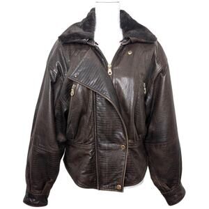 Andrew Marc Croc Embossed Brown Leather Moto Jacket Faux Fur Collar Women’s M